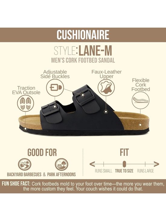 Men\'s Black Lane Cork Footbed Sandals Adjustable Buckle Comfort Slides